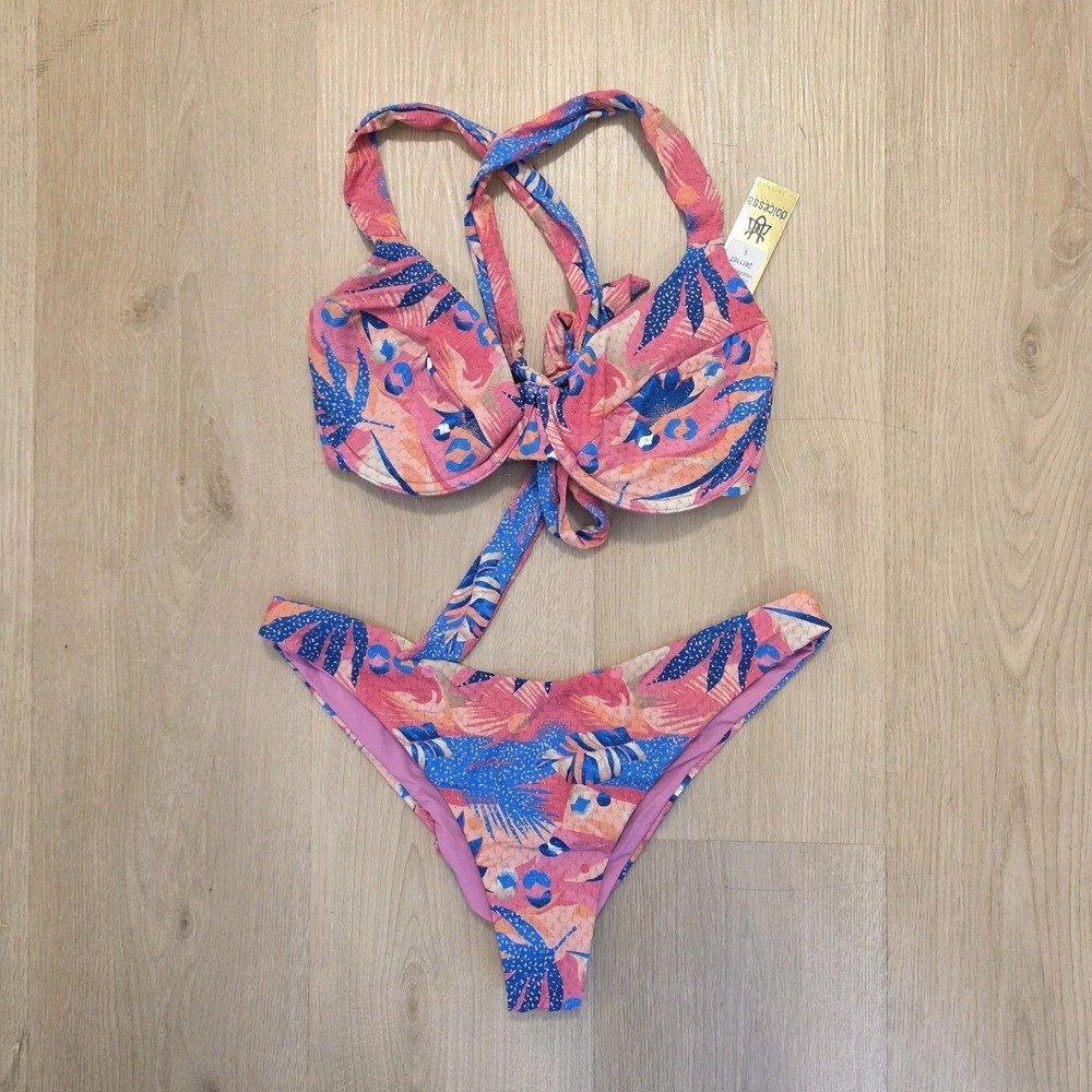 Dolcessa Pink‎ Blue Floral Underwire Tropical Summer Bikini Set Swimsuit Size L